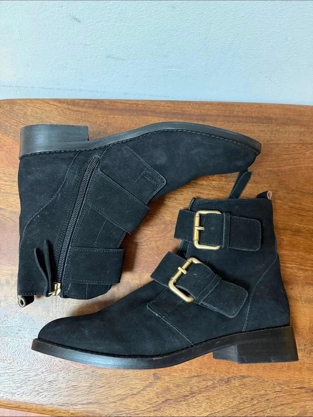Boden Cavenham Black Suede Double Buckle Ankle Boots